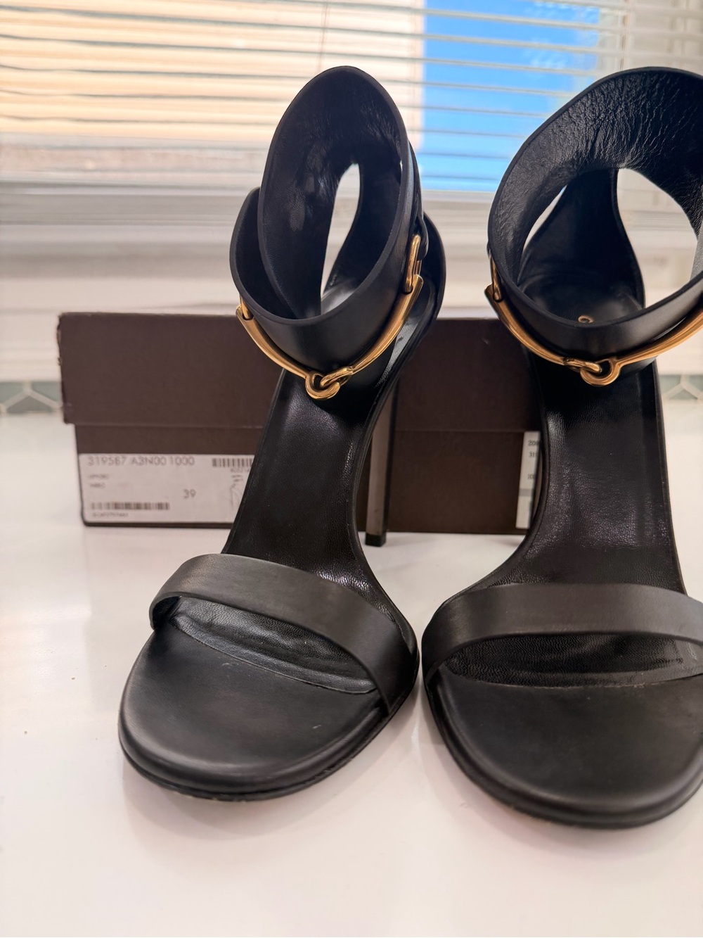 Gucci Black Leather High-Heel Ankle-Cuff Sandals with Gold Buckle - Picture 13 of 14